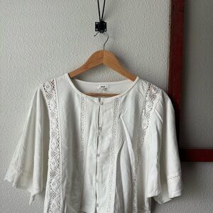 Aerie White Lace-Trim Button Front Cropped Blouse